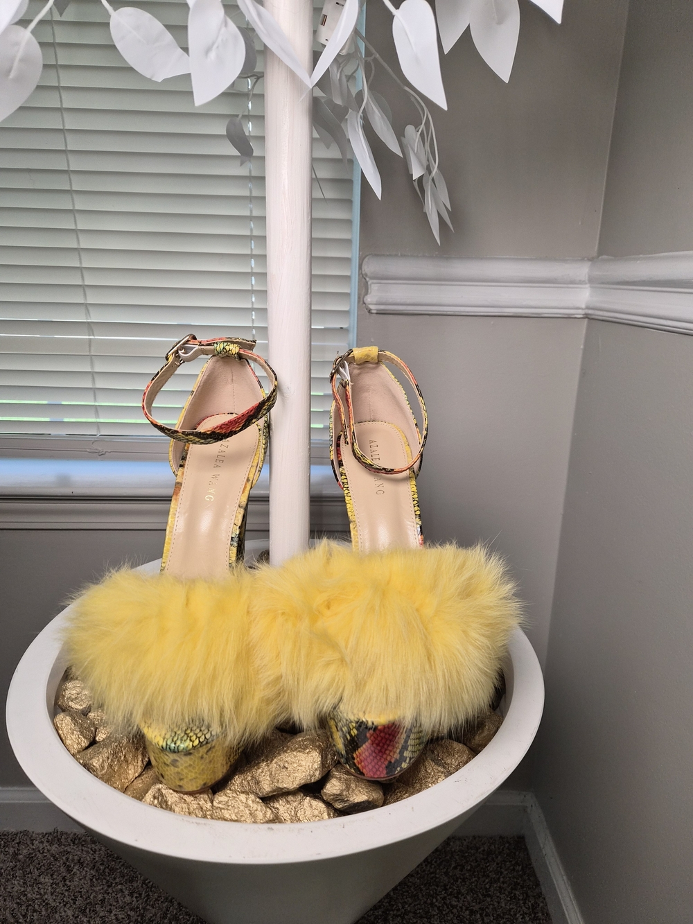 Yellow Snake-Print Platform Heels with Yellow Fur Pom - Picture 2 of 6